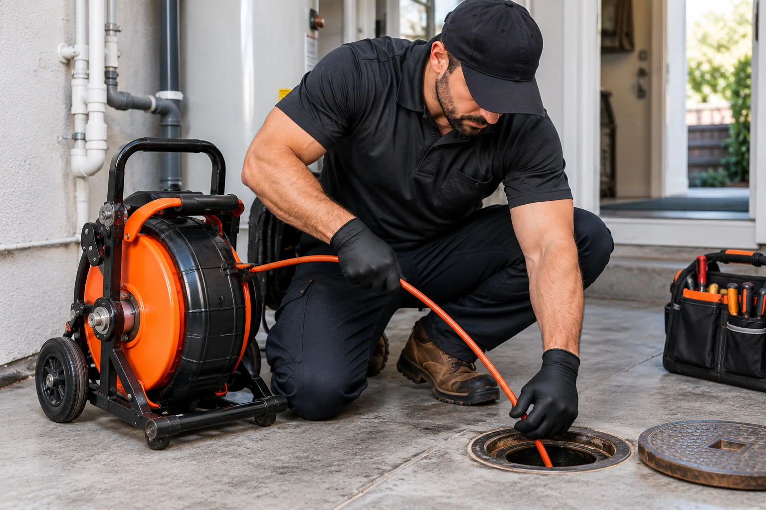 Drain technician using professional equipment to clear a drain