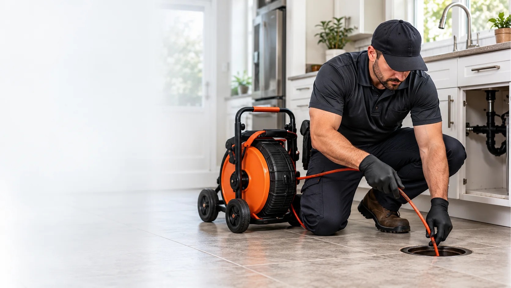Technician clearing a household drain