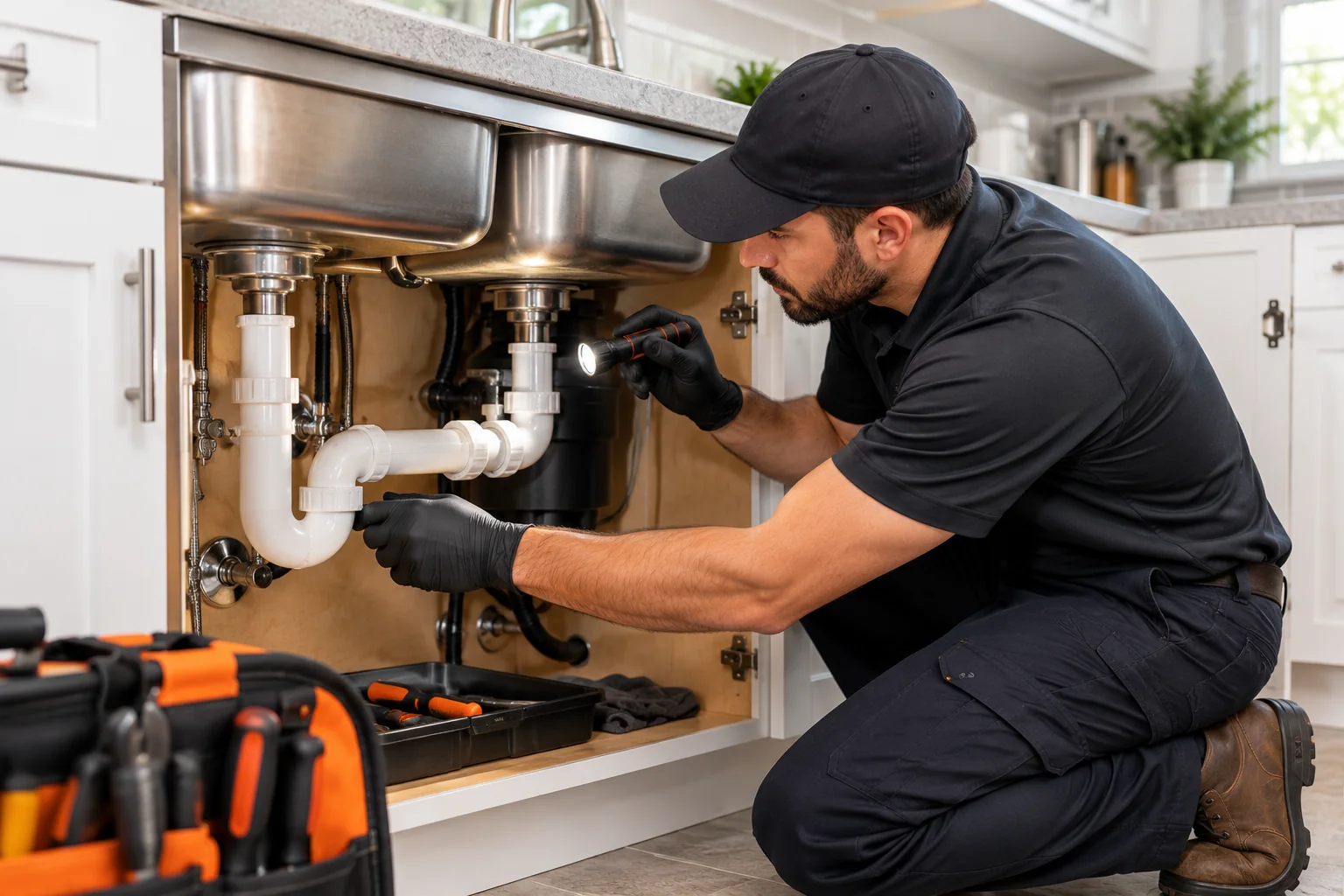 Technician checking plumbing below a kitchen sink